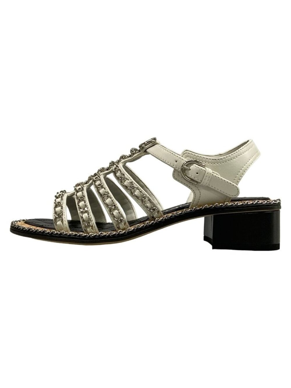 Chanel Sandals White CC Logo Chain Silver Lambskin